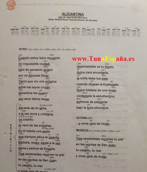 TunaEspaña, Tuna España, Cancionero Tuna, Alicantina, Canciones de Tuna